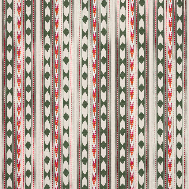 Cream striped fabric with olive green motifs and coral-pink accent bands