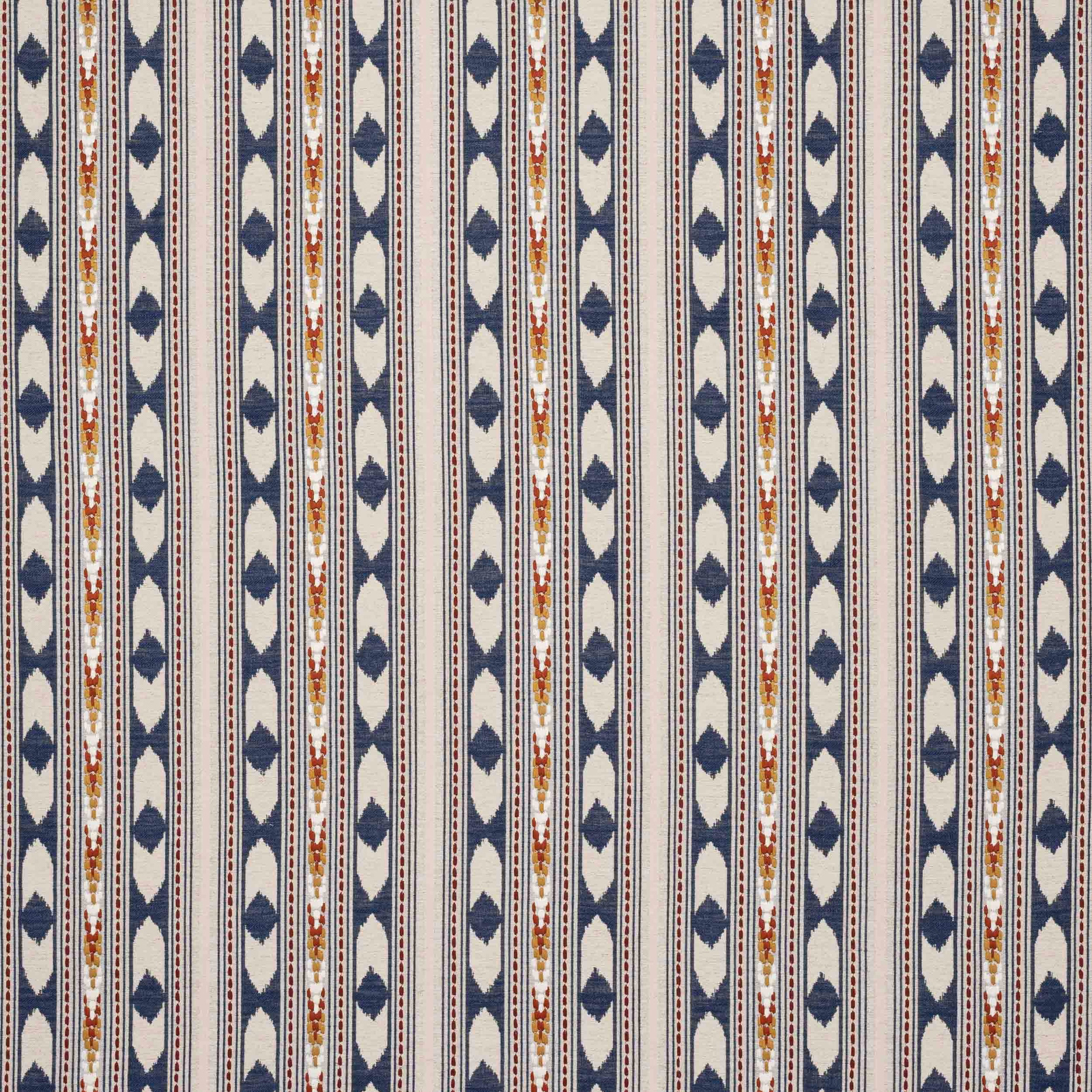 Blue and ivory striped fabric with terracotta accents and small leaf motifs