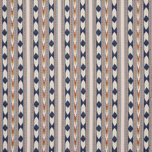 Blue and ivory striped fabric with terracotta accents and small leaf motifs