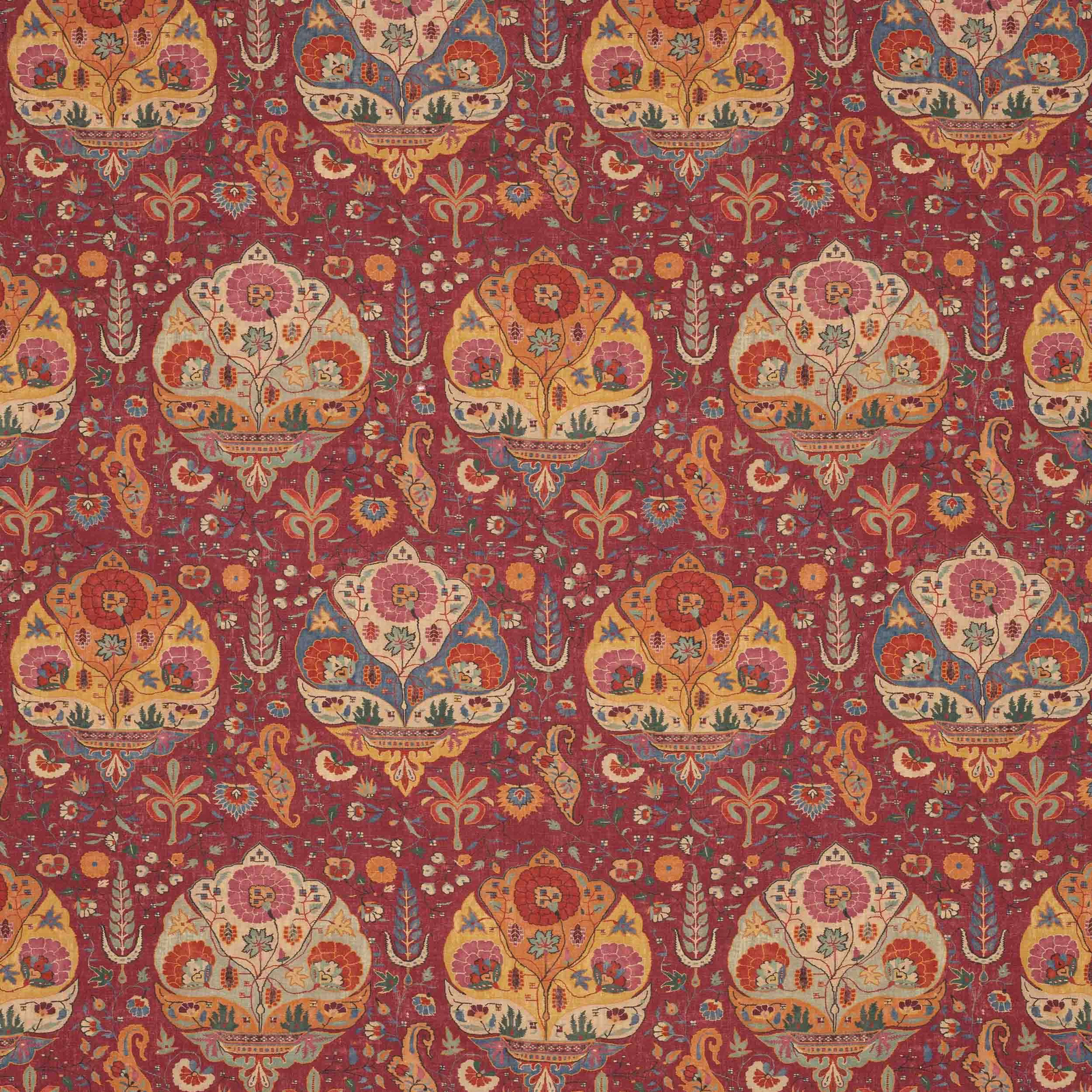 Brick-red patterned linen swatch with large floral medallions in cream, gold and blue