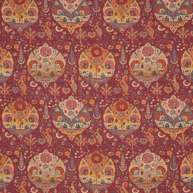 Brick-red patterned linen swatch with large floral medallions in cream, gold and blue