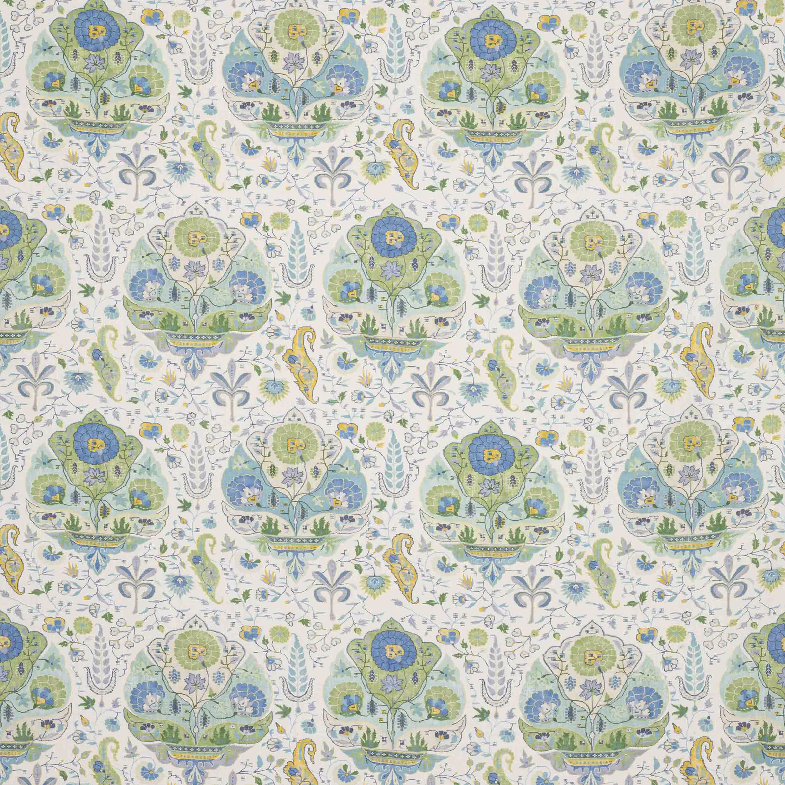Pale botanical damask linen with celadon, blue and yellow floral motifs