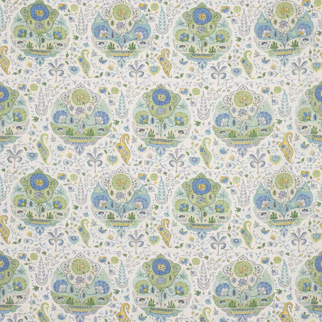 Pale botanical damask linen with celadon, blue and yellow floral motifs