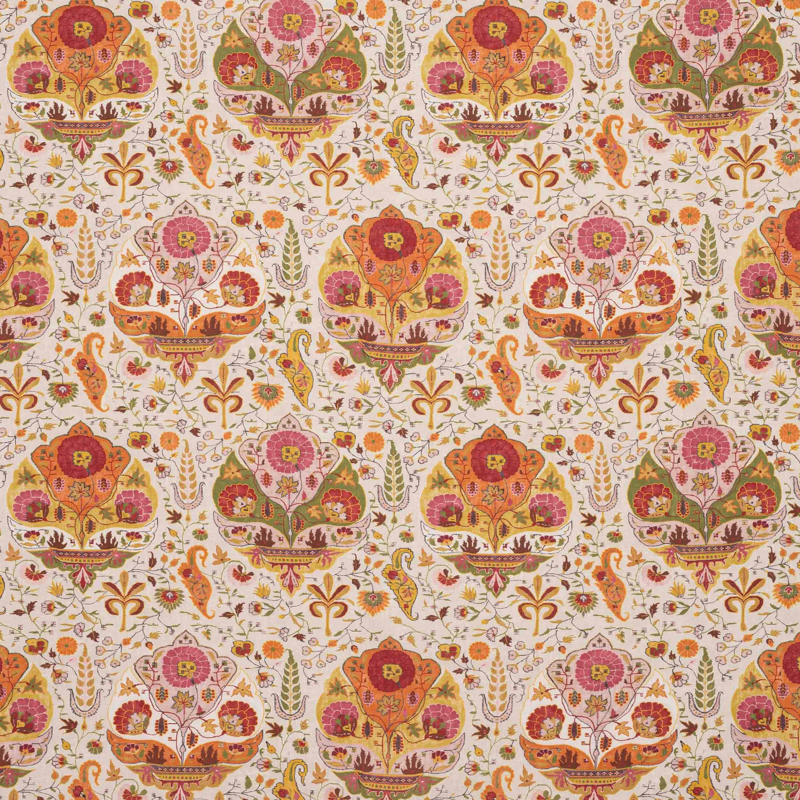 Large floral repeat on ivory linen with pink, orange and olive motifs