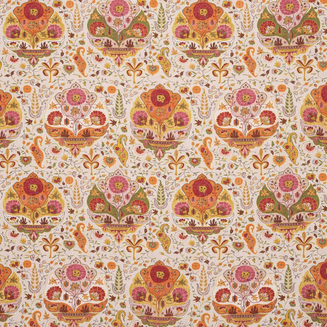Large floral repeat on ivory linen with pink, orange and olive motifs