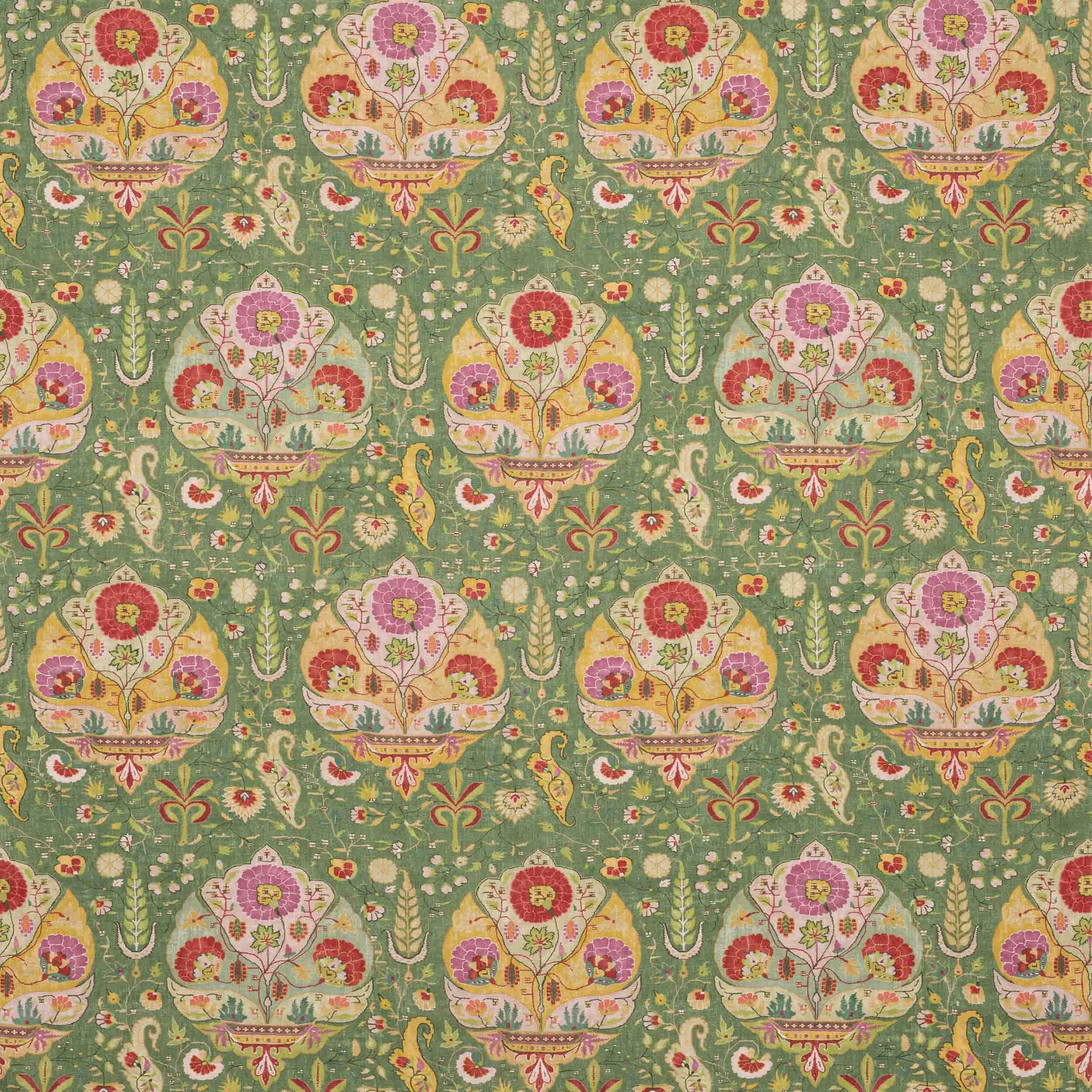 Green floral linen fabric with repeating decorative tree motifs in pink, cream and yellow