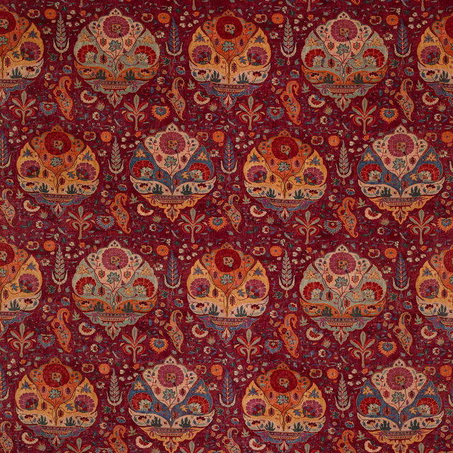Patterned fabric swatch in deep garnet red with multicoloured floral medallions