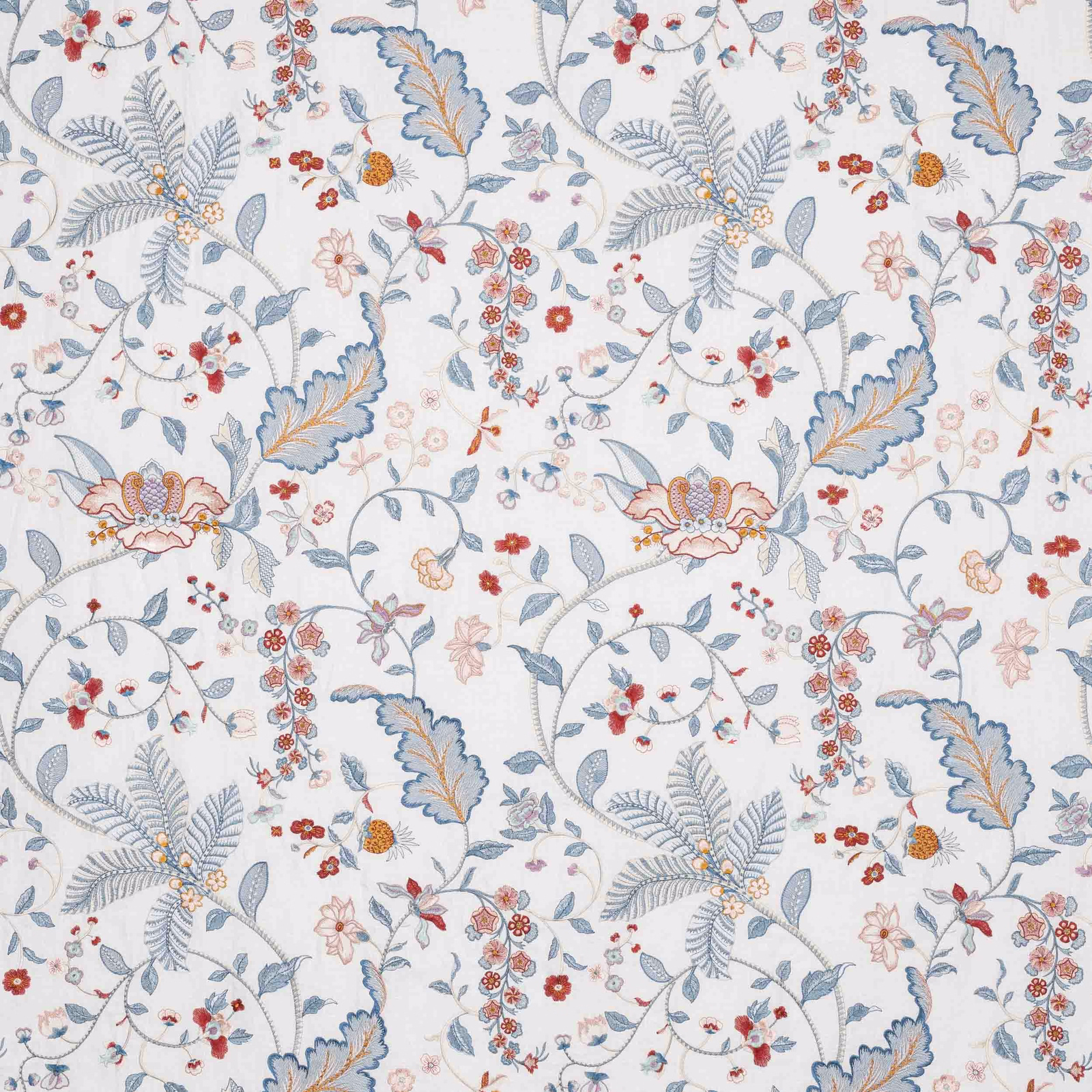 Pale botanical fabric with soft blue scrolls, coral flowers and ivory ground