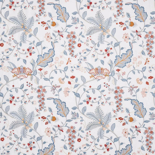 Pale botanical fabric with soft blue scrolls, coral flowers and ivory ground