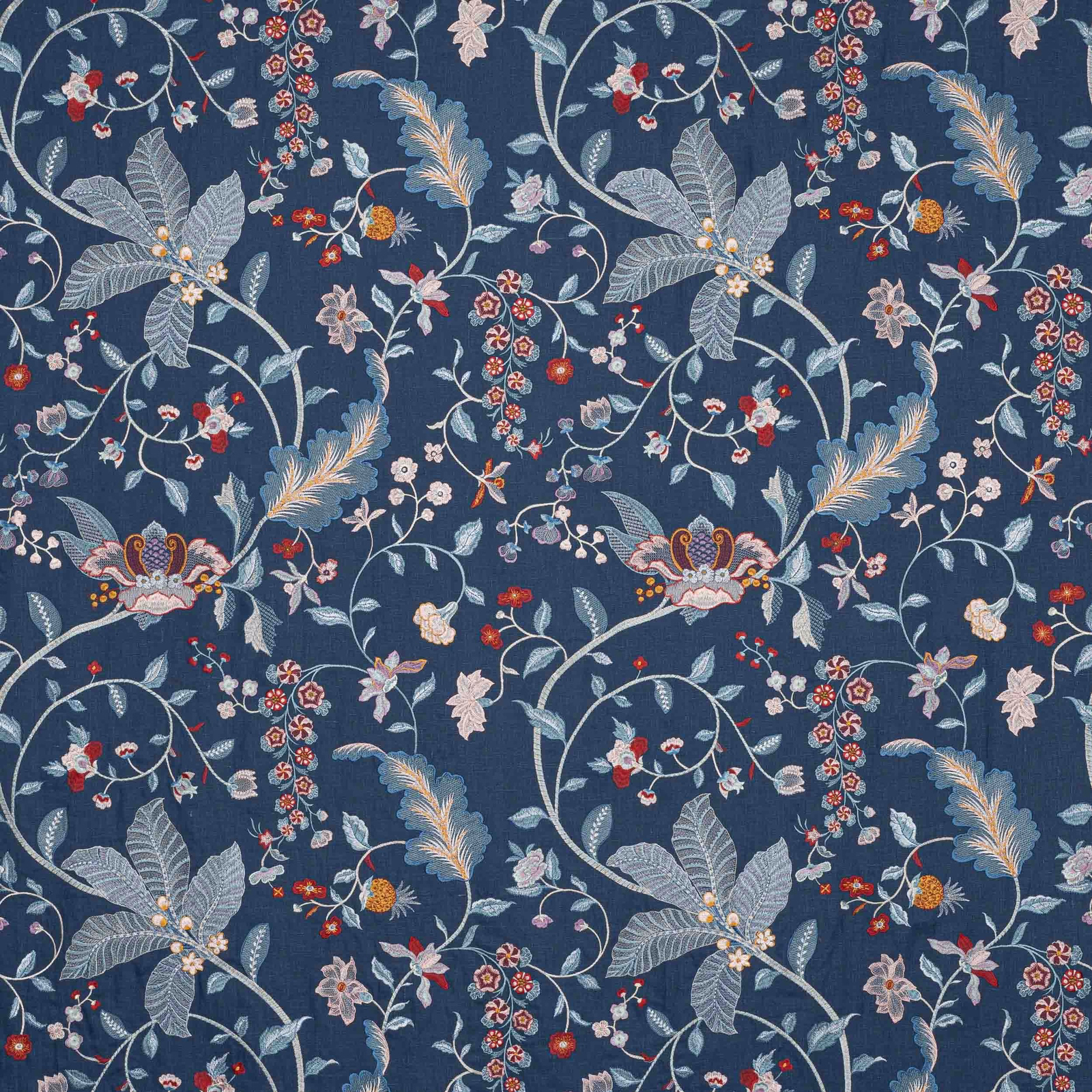 Deep navy floral fabric with scrolling pale leaves, blush blossoms and red accents
