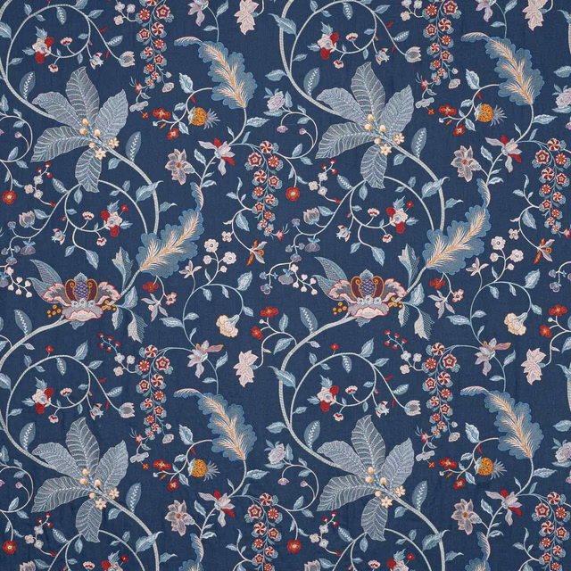Deep navy floral fabric with scrolling pale leaves, blush blossoms and red accents