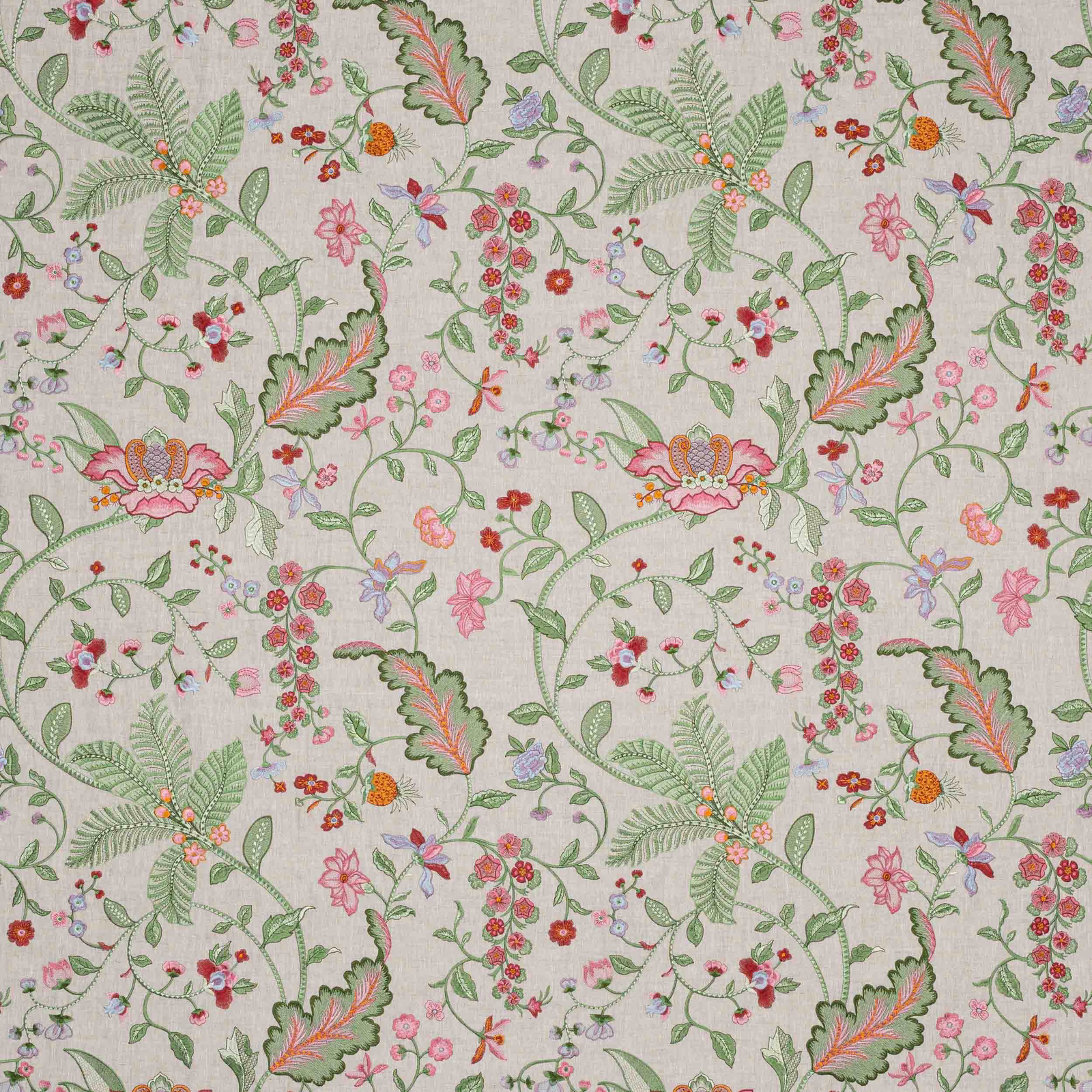 Cream floral fabric with trailing green vines, pink blossoms and coral leaves