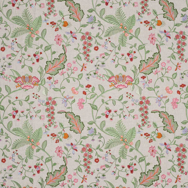 Cream floral fabric with trailing green vines, pink blossoms and coral leaves