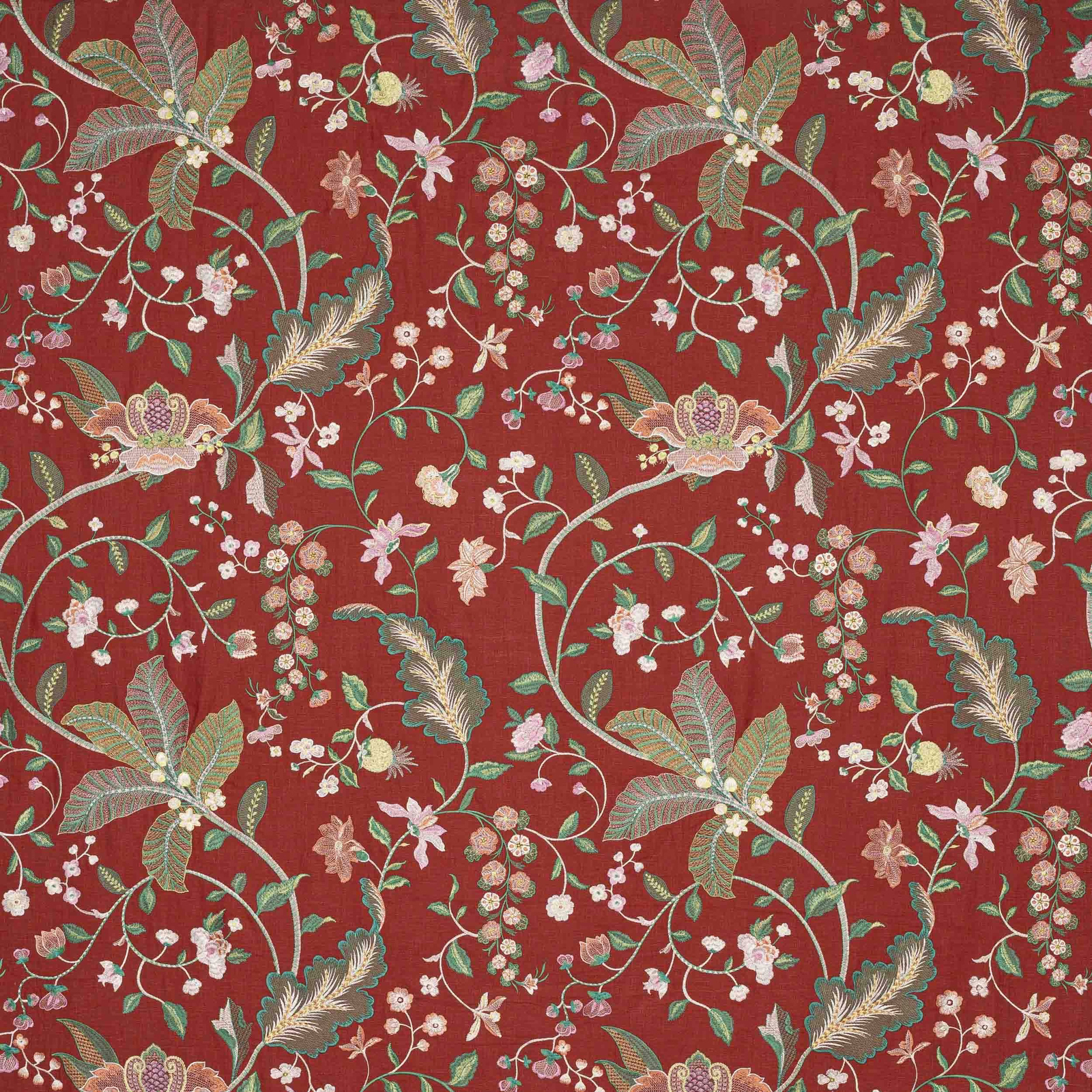 Red floral fabric with trailing vine pattern and soft sage, blush and cream blossoms