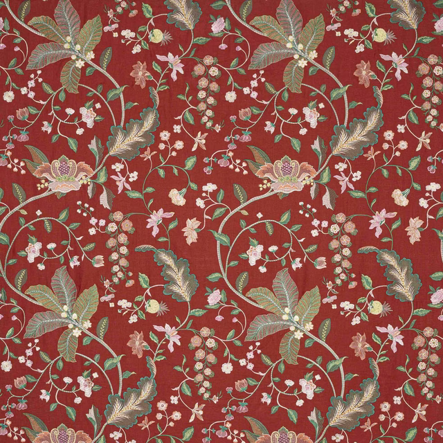 Red floral fabric with trailing vine pattern and soft sage, blush and cream blossoms