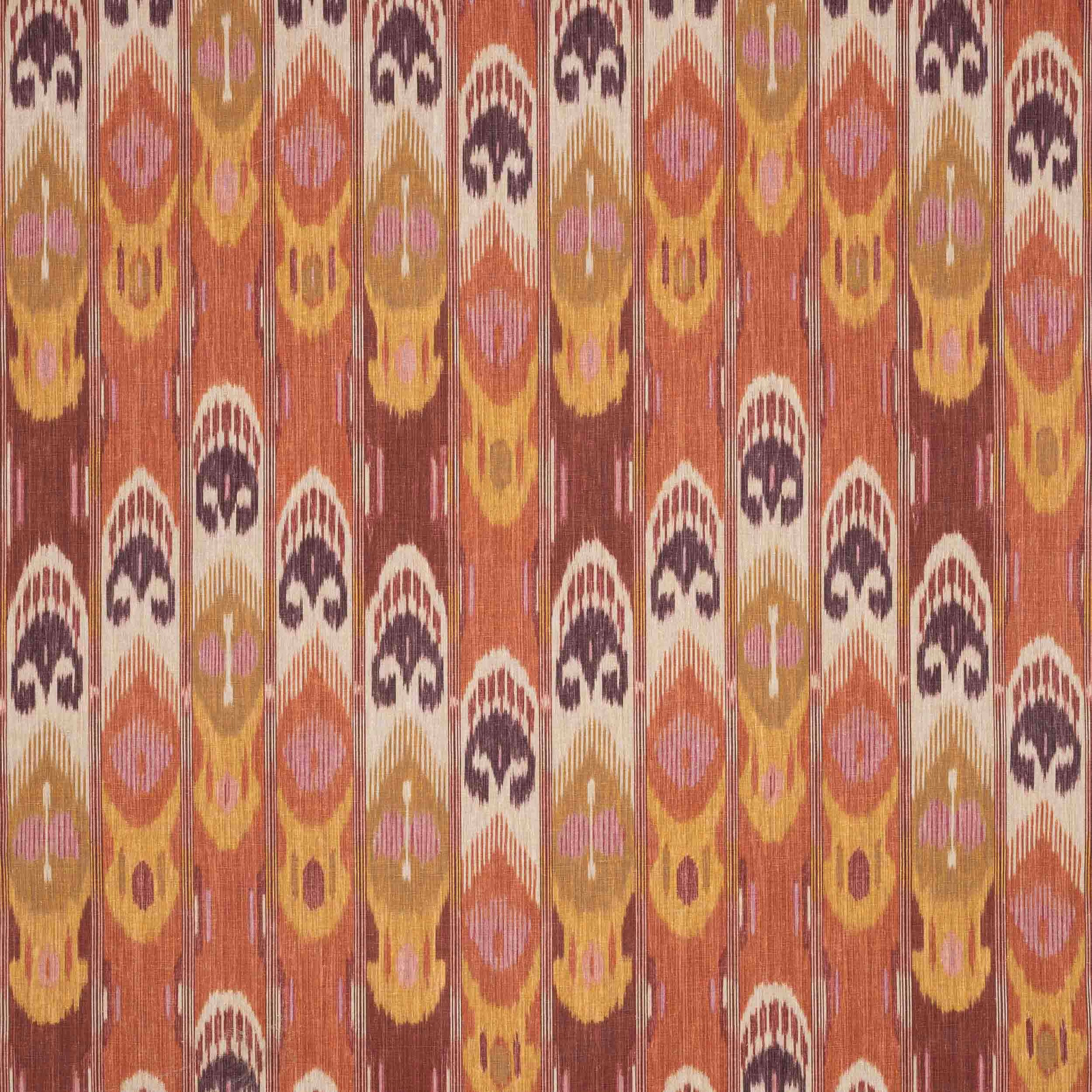 Vertical patterned linen swatch in paprika, rust, ochre and plum tones