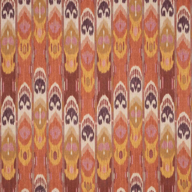 Vertical patterned linen swatch in paprika, rust, ochre and plum tones