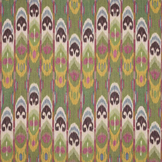 Muted green linen swatch with narrow striped ikat ovals in cream, brown, mustard and pink