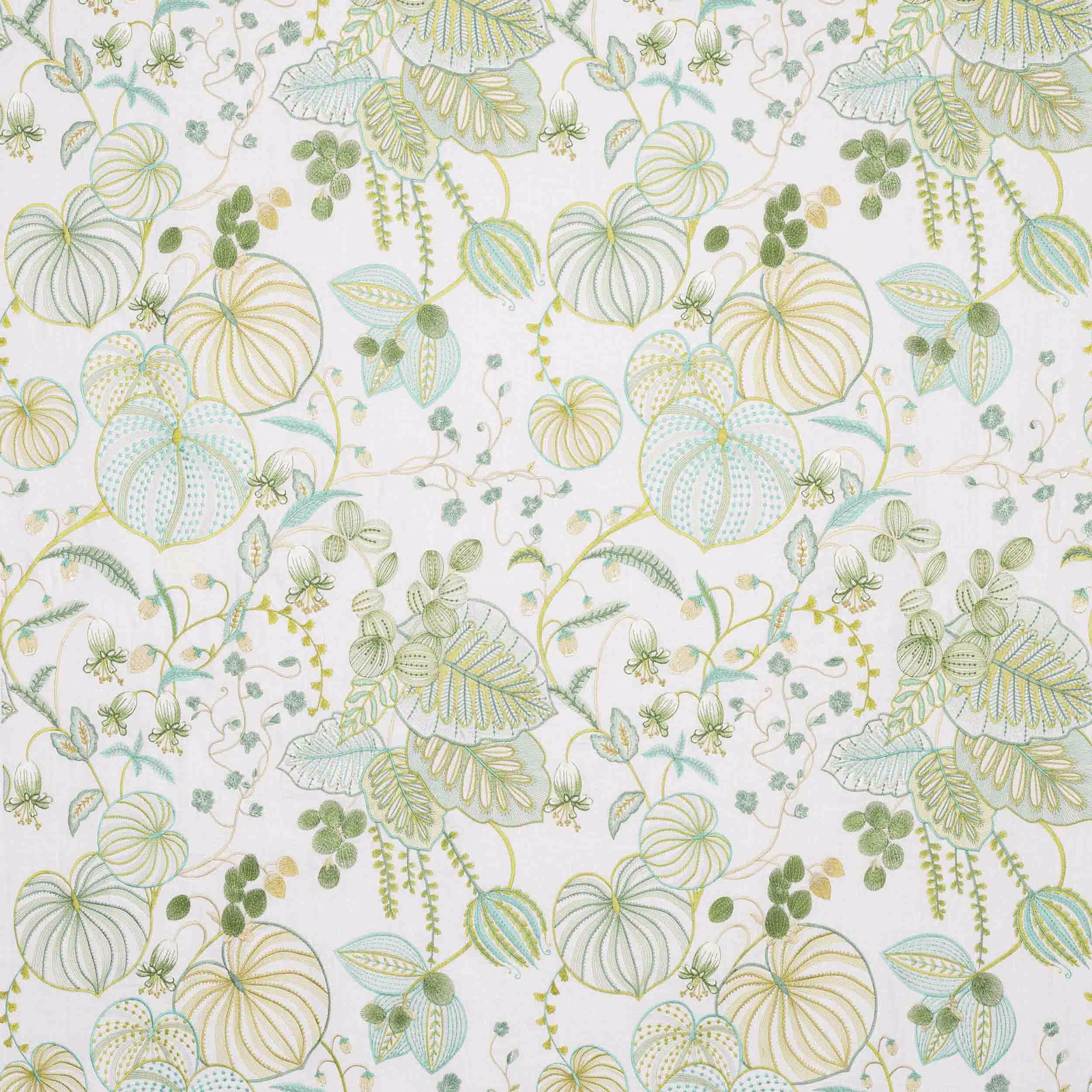 Swatch of botanical fabric with pale celadon and yellow-green leaf motifs on a white ground