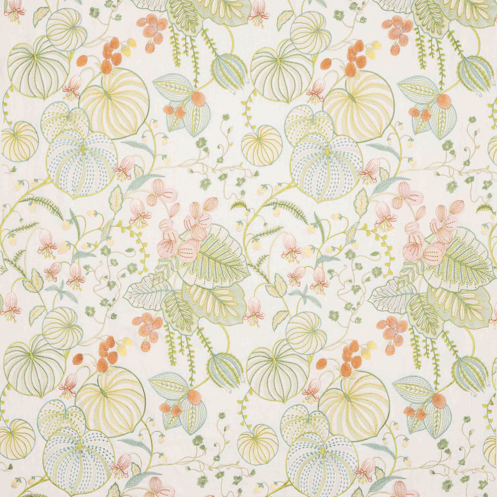 Pale botanical fabric with coral flowers, sage leaves and creamy ground