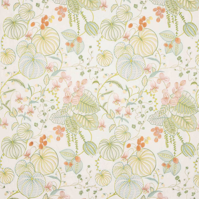Pale botanical fabric with coral flowers, sage leaves and creamy ground
