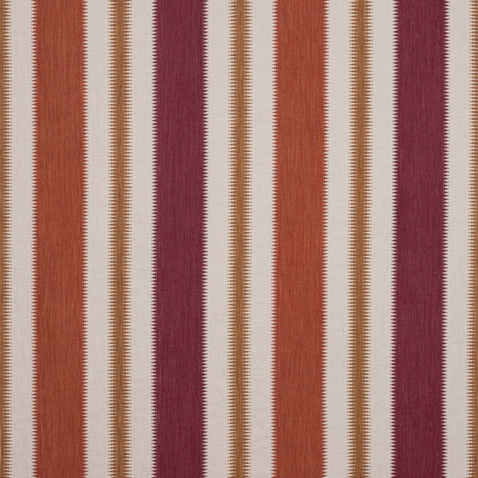 Vertical chianti red and natural striped woven fabric with textured slub surface