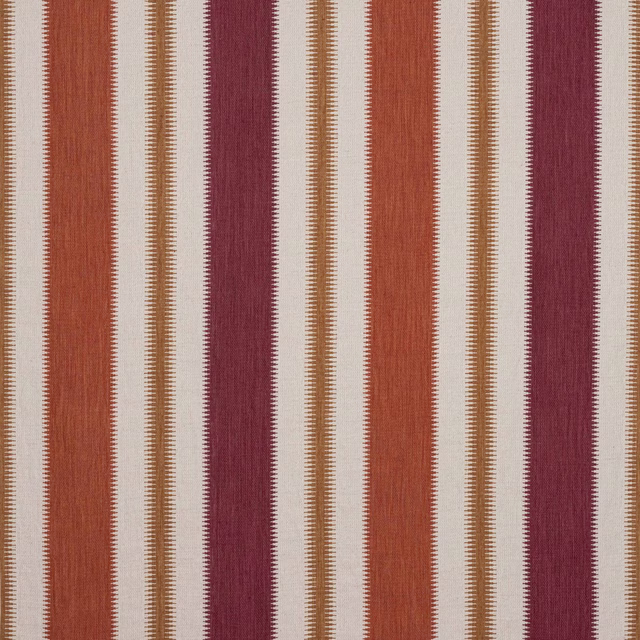 Vertical chianti red and natural striped woven fabric with textured slub surface