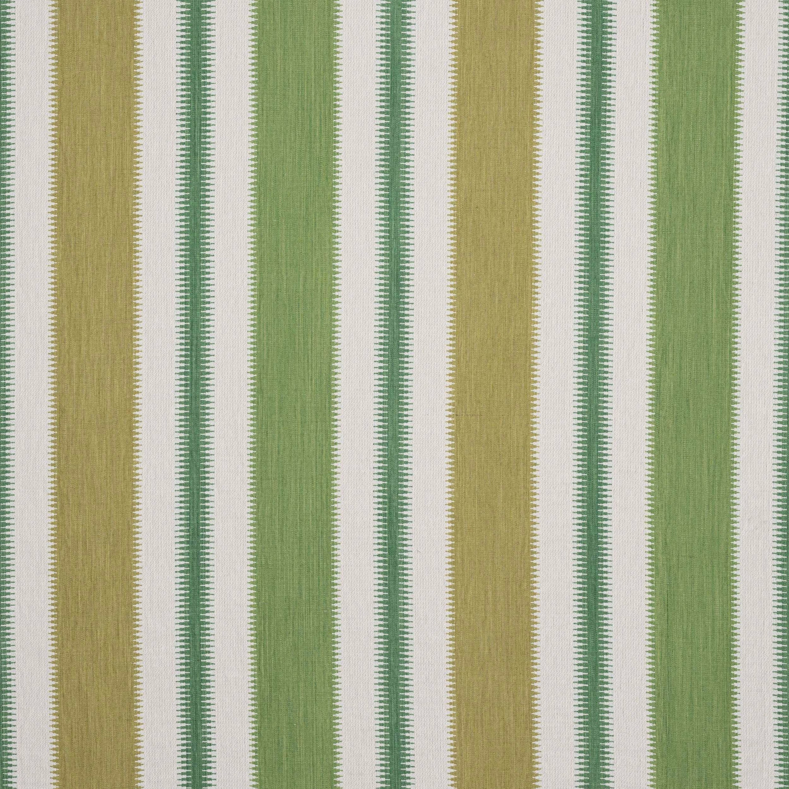 Vertical kiwi green and gold striped fabric with fine darker green pinstripes