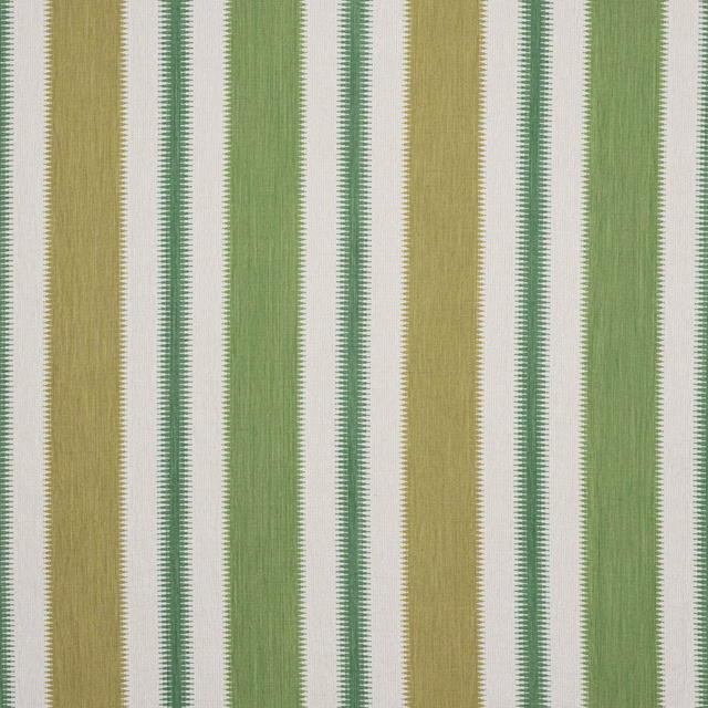 Vertical kiwi green and gold striped fabric with fine darker green pinstripes