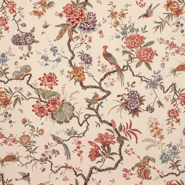 Coral-ground cotton with birds, blossoms and twisting branches