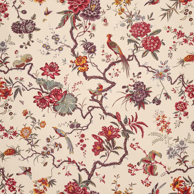 Cream cotton fabric with large floral branches and colourful birds