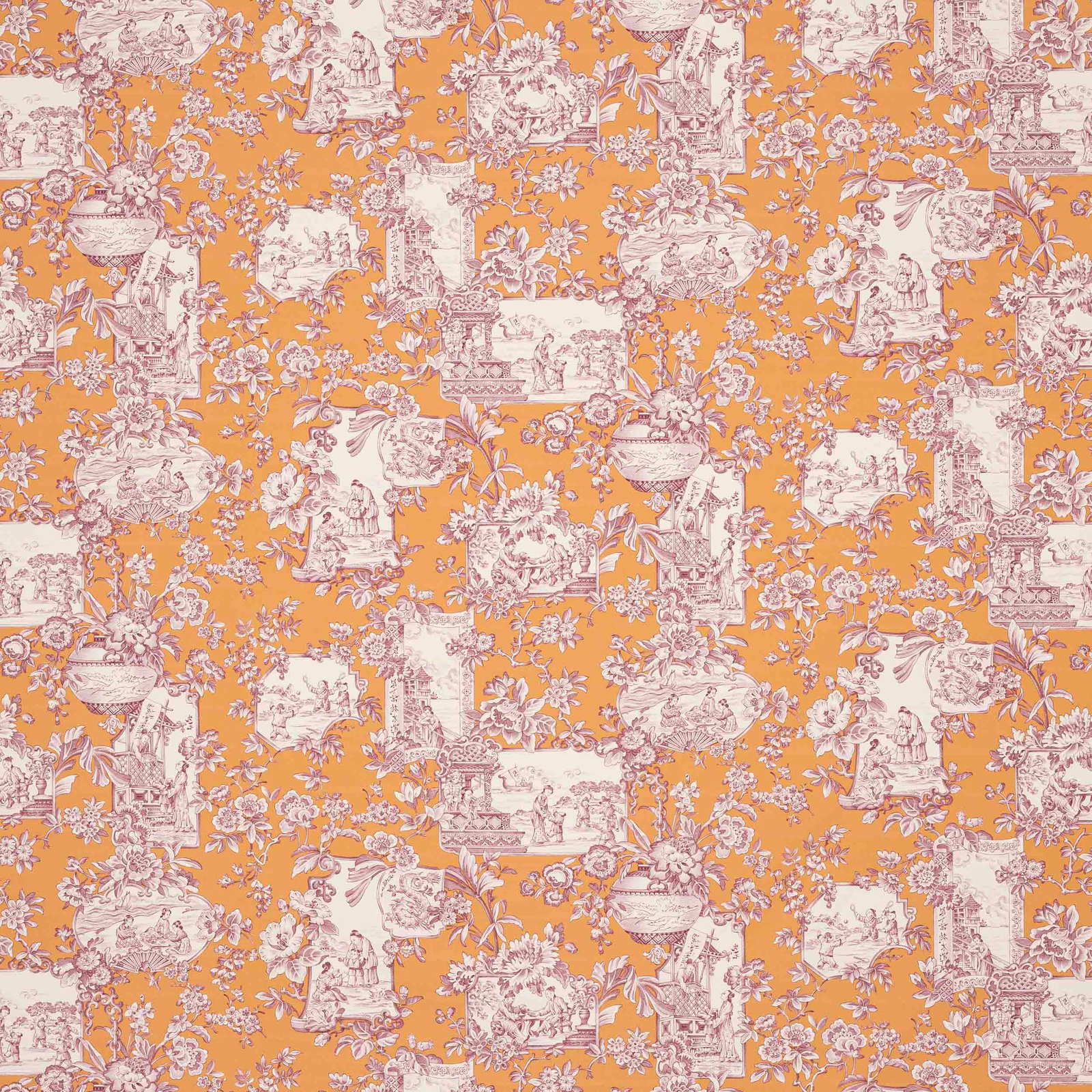 Apricot orange toile fabric with pale floral and pastoral scene motifs