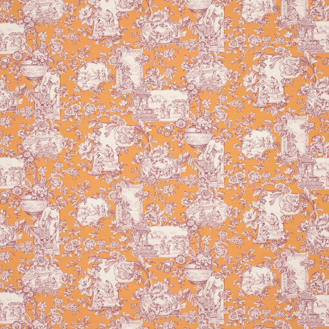 Apricot orange toile fabric with pale floral and pastoral scene motifs