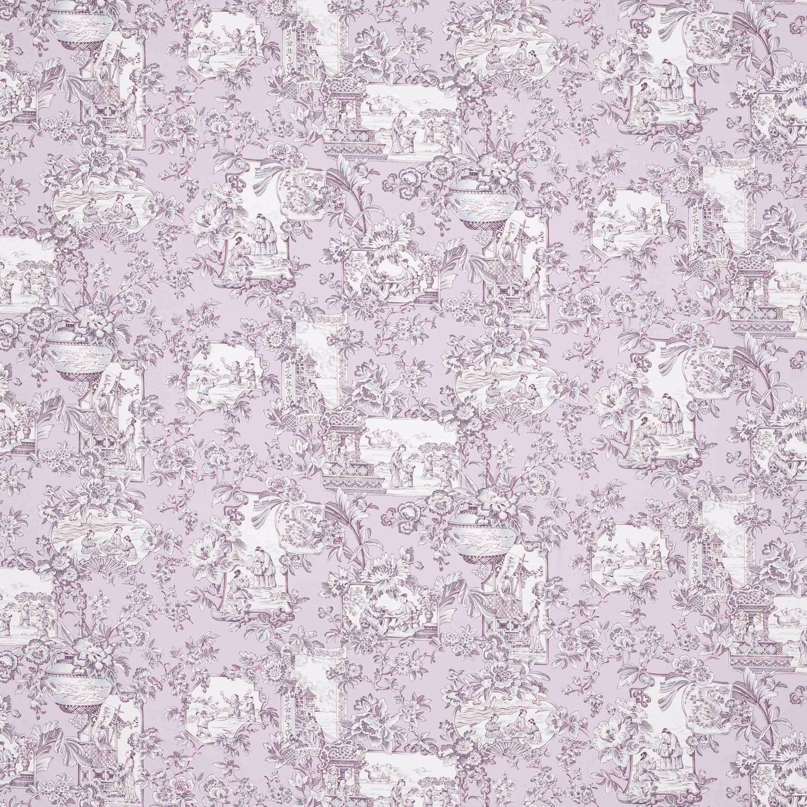Pale lilac scenic damask fabric with cream vignettes and floral garlands