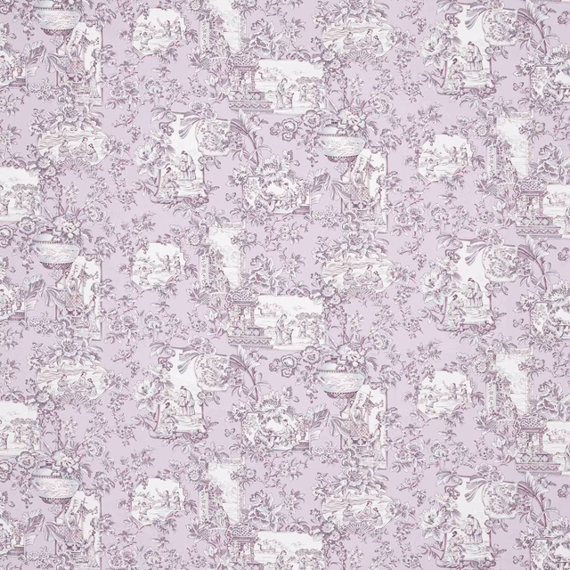Pale lilac scenic damask fabric with cream vignettes and floral garlands