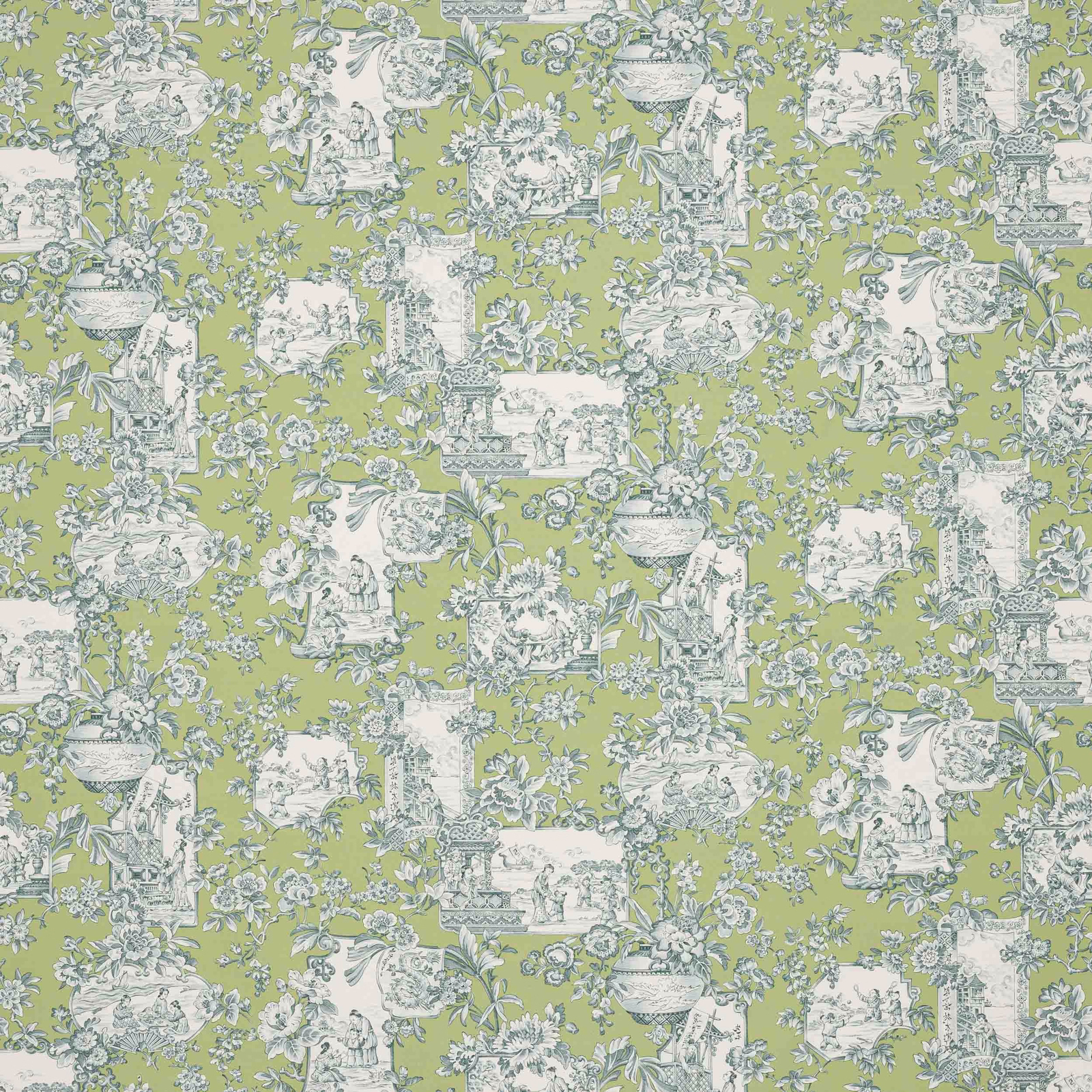 Leaf-green scenic toile fabric with grey-blue vignettes and floral sprigs