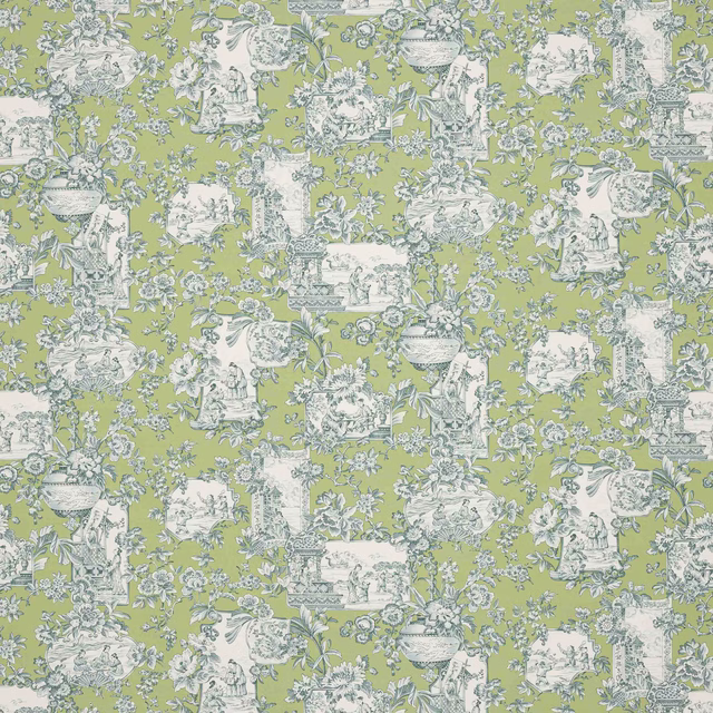 Leaf-green scenic toile fabric with grey-blue vignettes and floral sprigs
