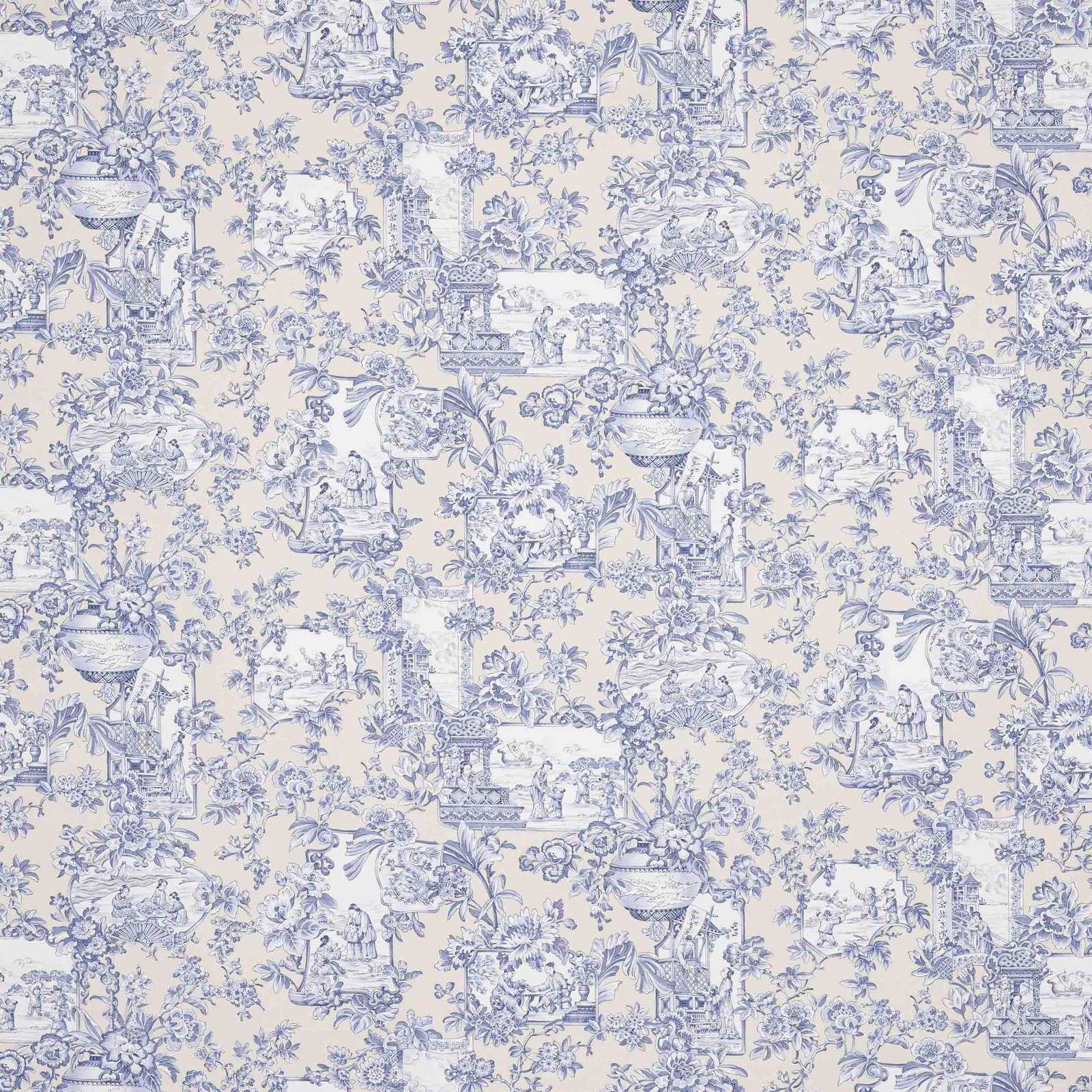 Blue toile-style fabric swatch with pagodas, flowers and figures on ivory