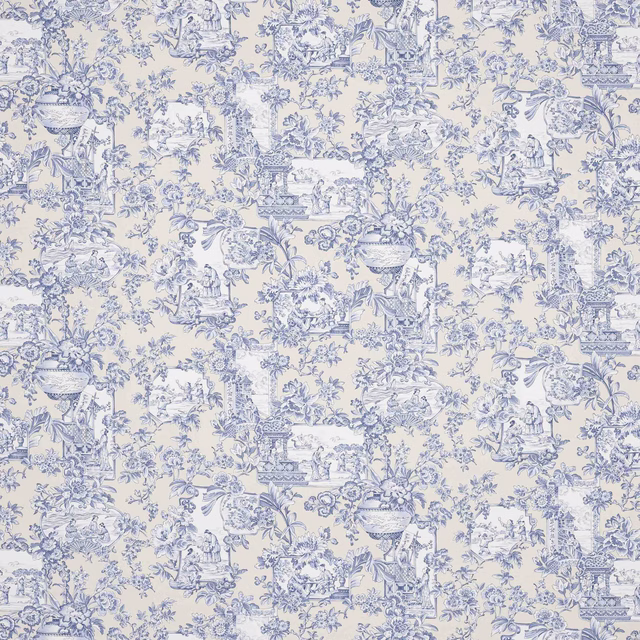 Blue toile-style fabric swatch with pagodas, flowers and figures on ivory