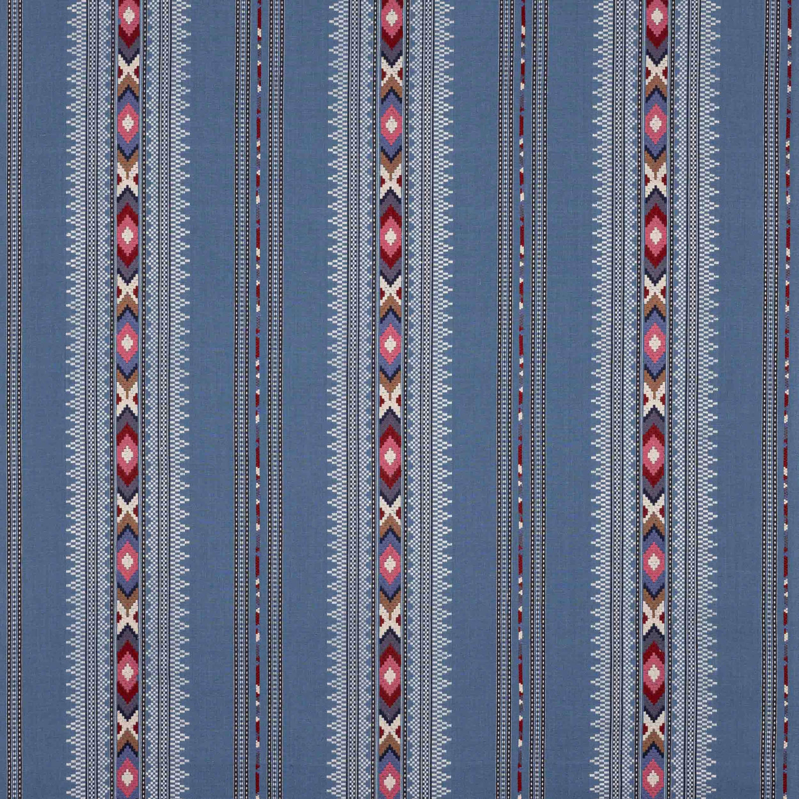 Blue striped fabric swatch with narrow geometric bands in pink, cream and burgundy