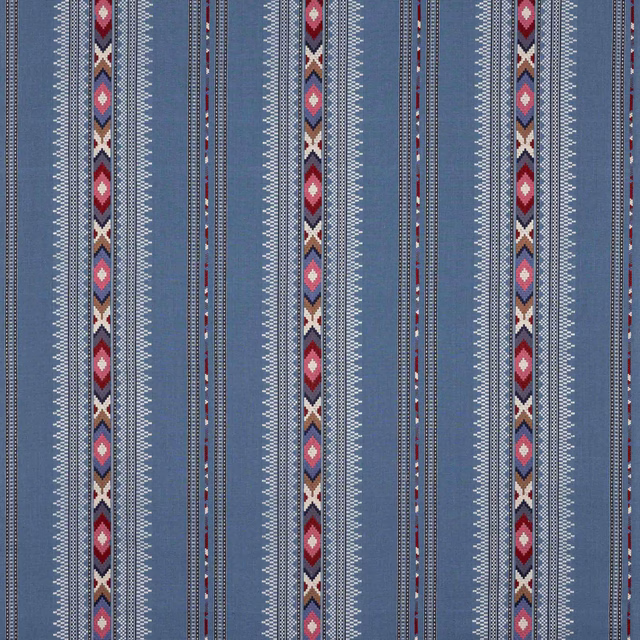 Blue striped fabric swatch with narrow geometric bands in pink, cream and burgundy