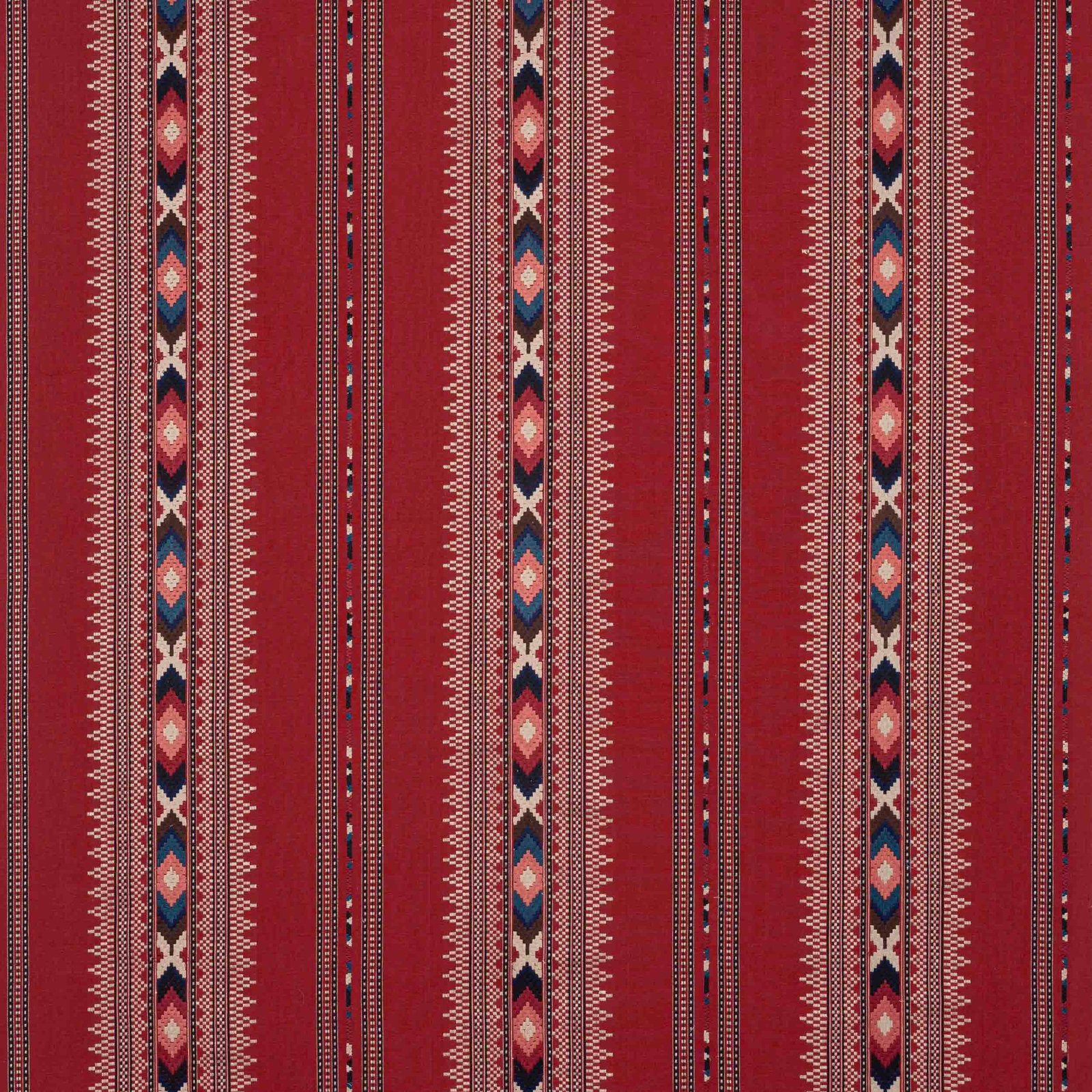Red striped fabric with narrow geometric multicolour bands and woven texture