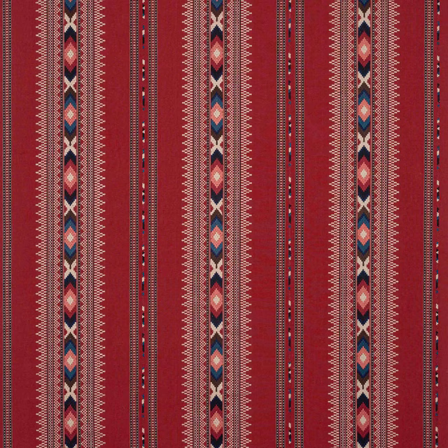 Red striped fabric with narrow geometric multicolour bands and woven texture