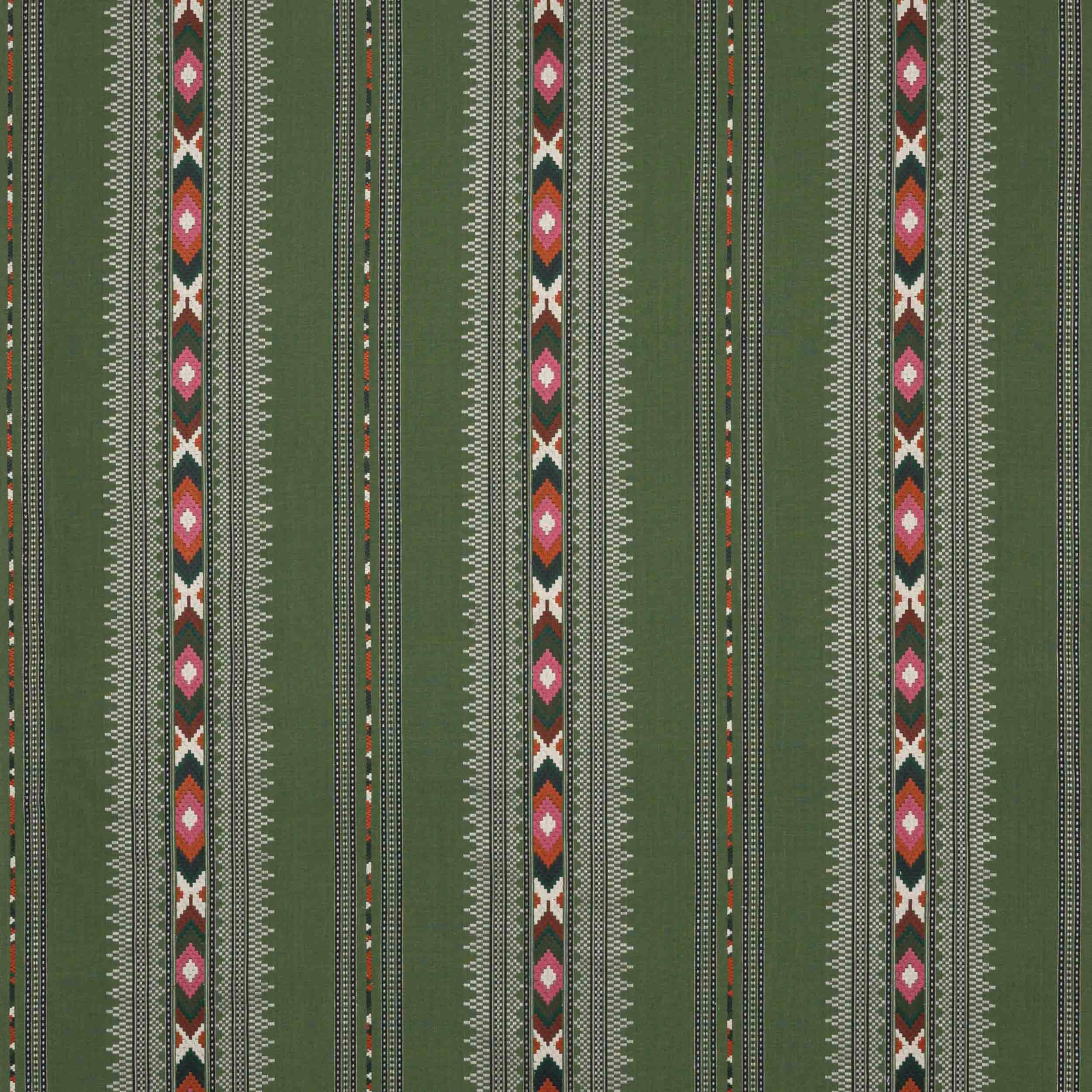Vertical green striped fabric with pink, cream and rust motifs