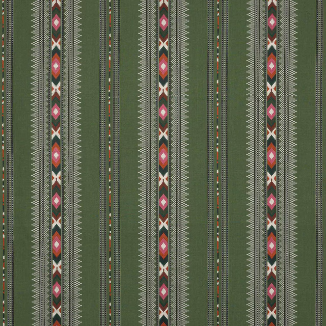 Vertical green striped fabric with pink, cream and rust motifs