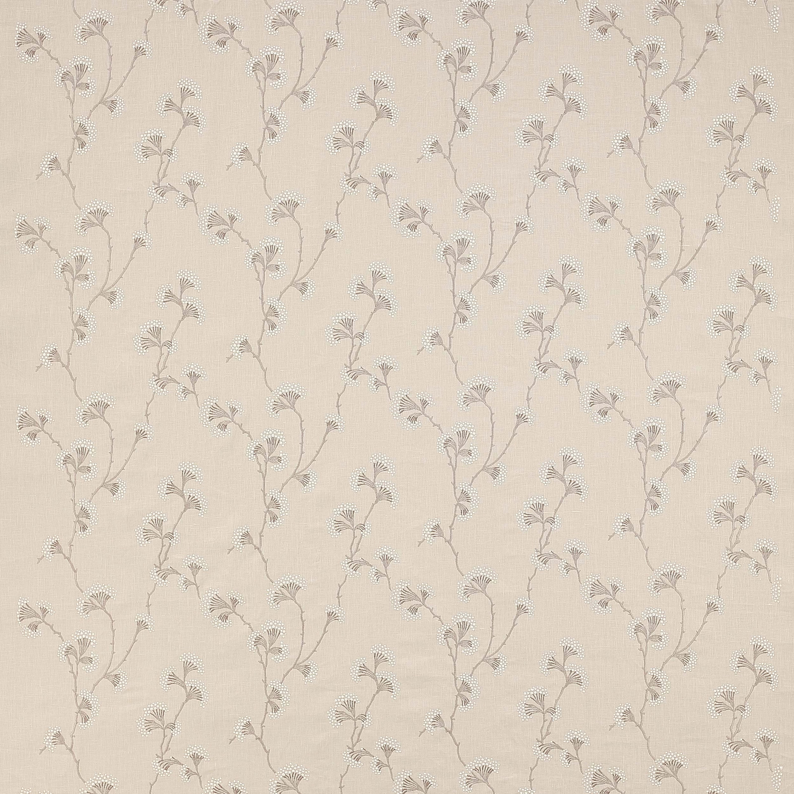 Warm beige floral fabric with delicate trailing stems and fan-like leaves
