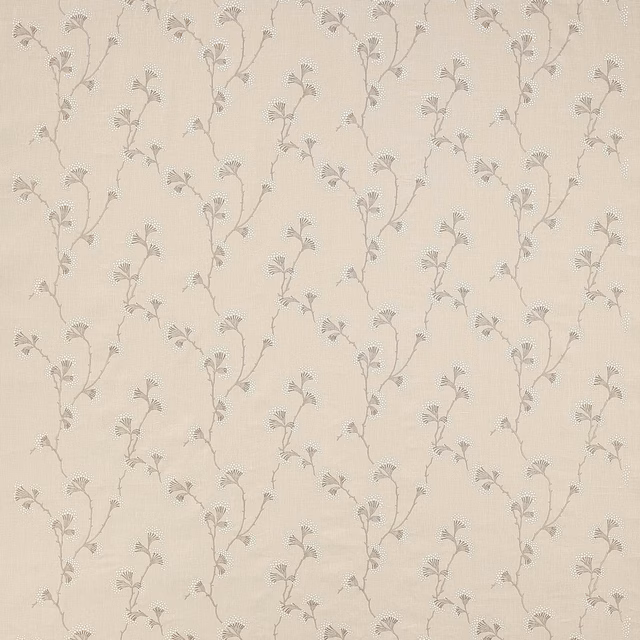 Warm beige floral fabric with delicate trailing stems and fan-like leaves