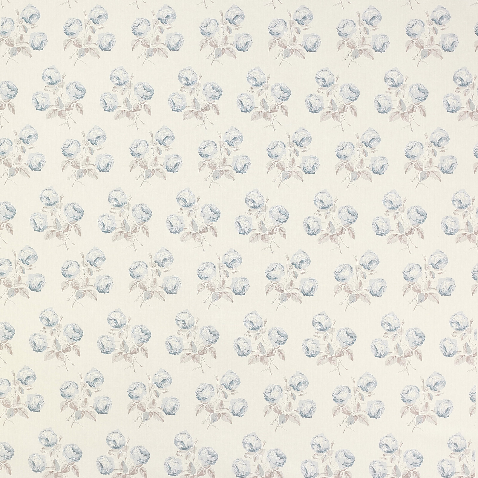 Cream fabric with small blue-grey floral sprigs in a neat repeating pattern