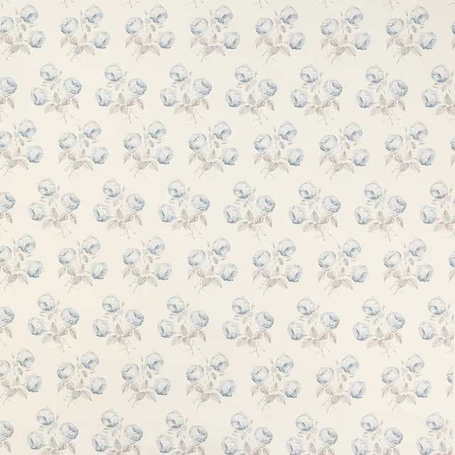 Cream fabric with small blue-grey floral sprigs in a neat repeating pattern