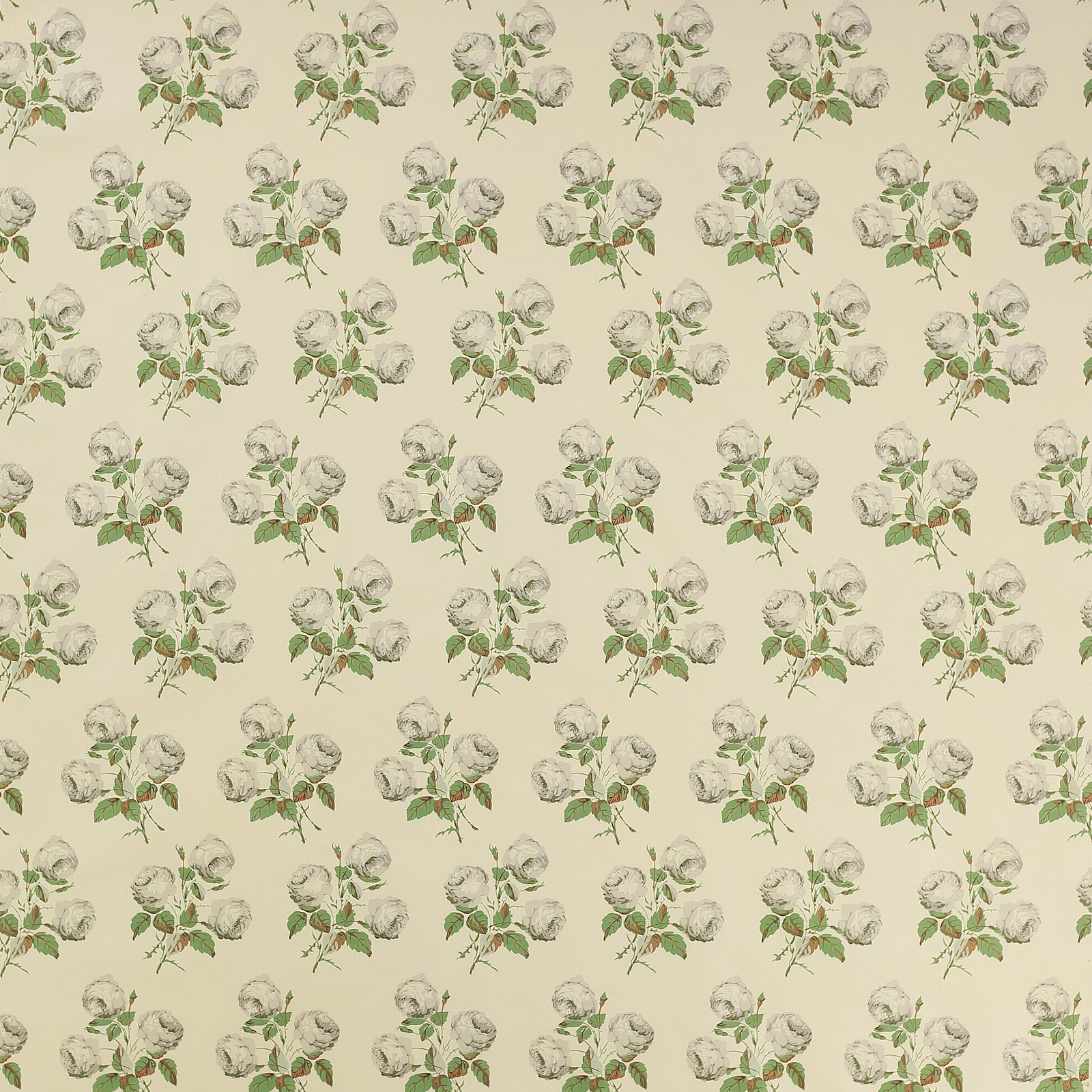 Cream chintz fabric with small grey-white roses and muted green leaves